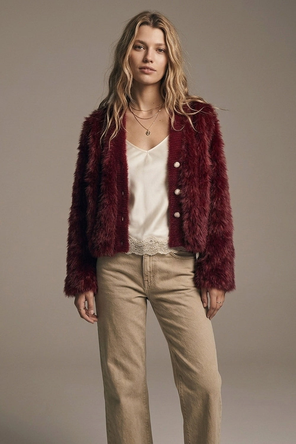 Burgundy Faux Fur Cardigan Jacket - Premium variable from Tooksie - Just $109.90! Shop now at Tooksie