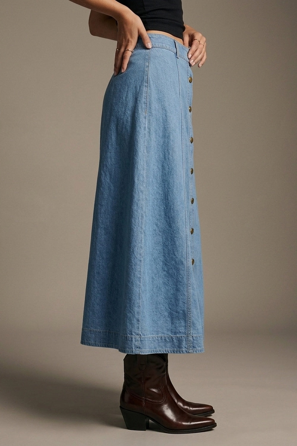 Light Blue Wash Denim A-Line Midi Skirt with Contrast Stitch - Premium variable from Tooksie - Just $89.90! Shop now at Tooksie