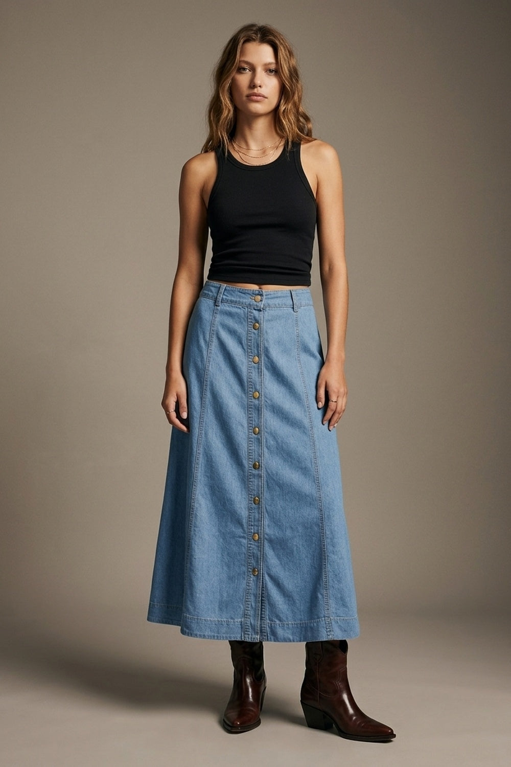 Light Blue Wash Denim A-Line Midi Skirt with Contrast Stitch - Premium variable from Tooksie - Just $89.90! Shop now at Tooksie