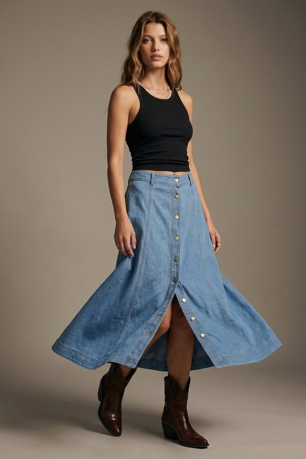 Light Blue Wash Denim A-Line Midi Skirt with Contrast Stitch - Premium variable from Tooksie - Just $89.90! Shop now at Tooksie