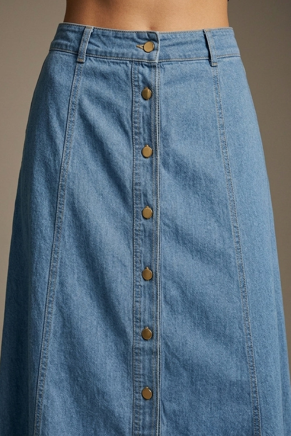 Light Blue Wash Denim A-Line Midi Skirt with Contrast Stitch - Premium variable from Tooksie - Just $89.90! Shop now at Tooksie