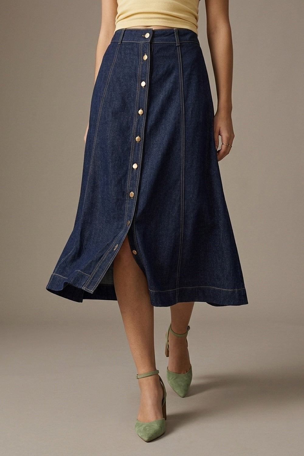 Dark Blue A-Line Denim Midi Skirt With Contrast Stitching - Premium variable from Tooksie - Just $89.90! Shop now at Tooksie