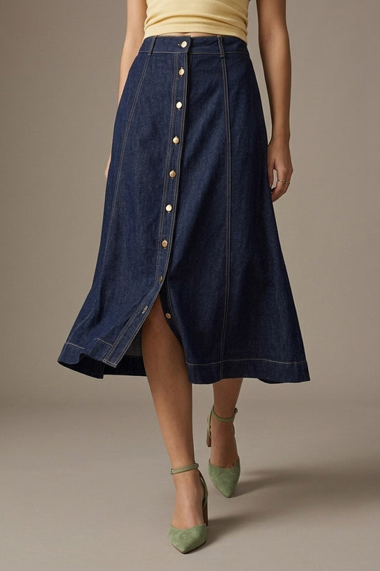 Dark Blue A-Line Denim Midi Skirt With Contrast Stitching - Premium variable from Tooksie - Just $89.90! Shop now at Tooksie