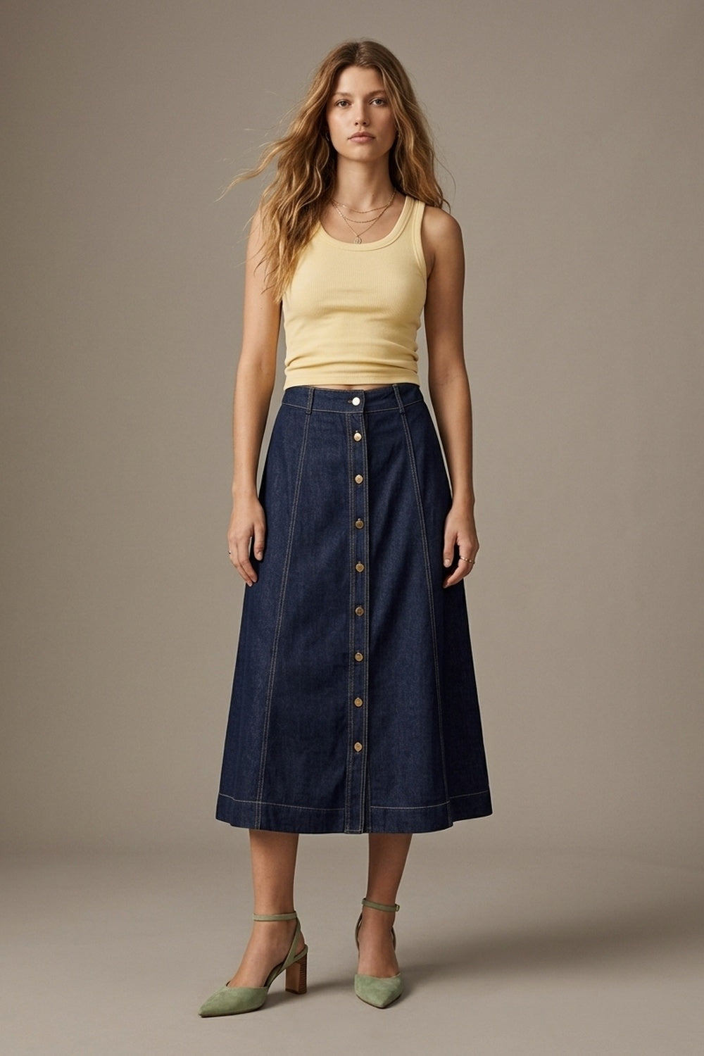 Dark Blue A-Line Denim Midi Skirt With Contrast Stitching - Premium variable from Tooksie - Just $89.90! Shop now at Tooksie
