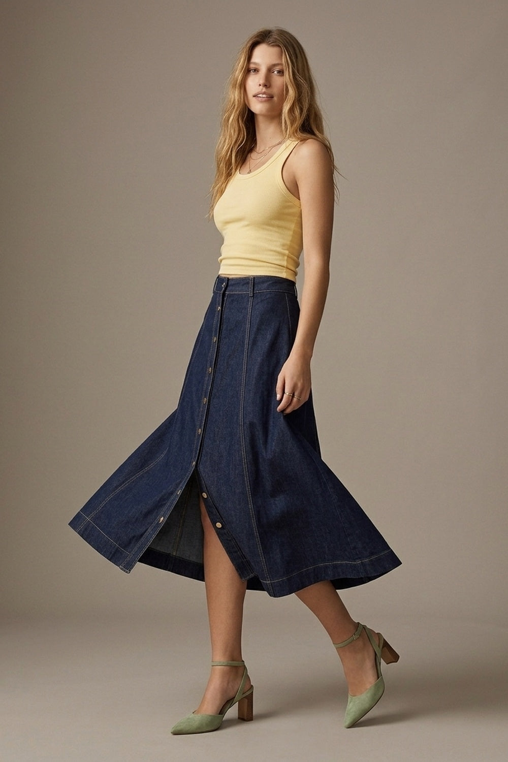 Dark Blue A-Line Denim Midi Skirt With Contrast Stitching - Premium variable from Tooksie - Just $89.90! Shop now at Tooksie