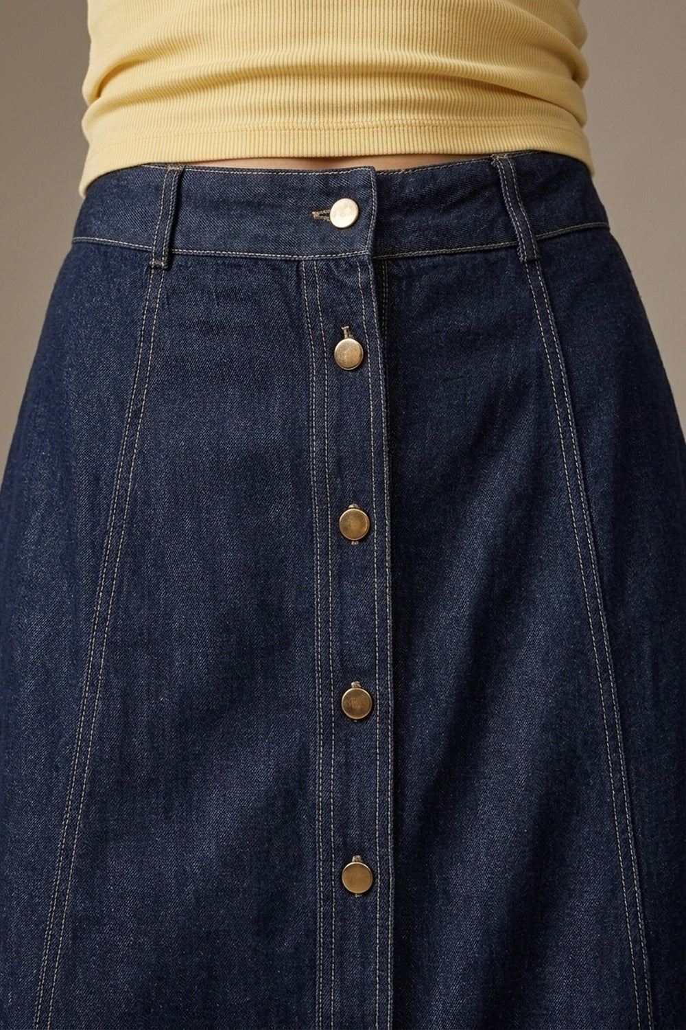Dark Blue A-Line Denim Midi Skirt With Contrast Stitching - Premium variable from Tooksie - Just $89.90! Shop now at Tooksie