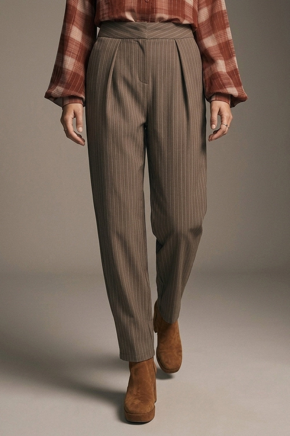 Brown Pinstripe Soft Woven Pleated Tapered Trousers - Premium variable from Tooksie - Just $79.90! Shop now at Tooksie