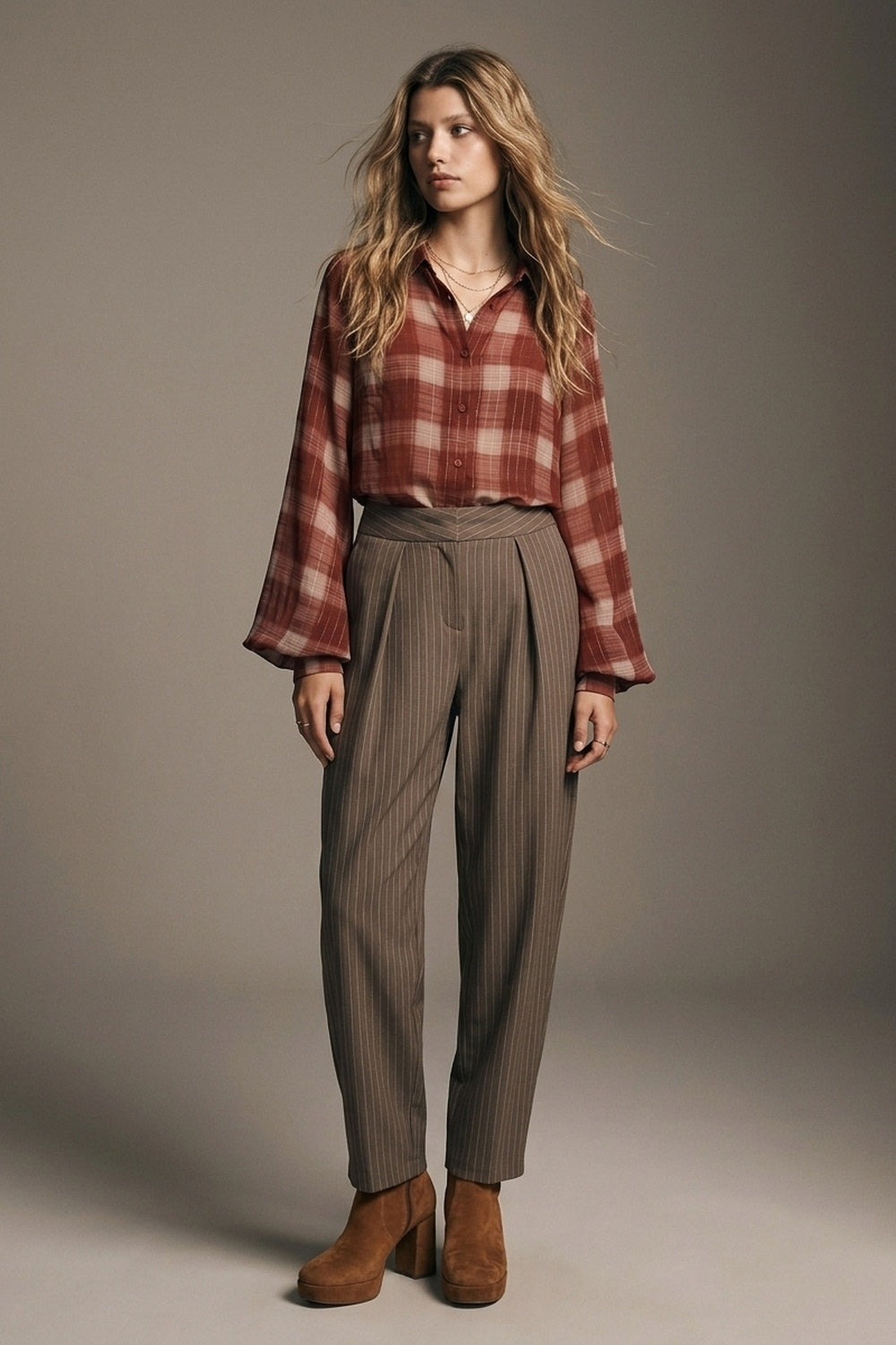 Brown Pinstripe Soft Woven Pleated Tapered Trousers - Premium variable from Tooksie - Just $79.90! Shop now at Tooksie
