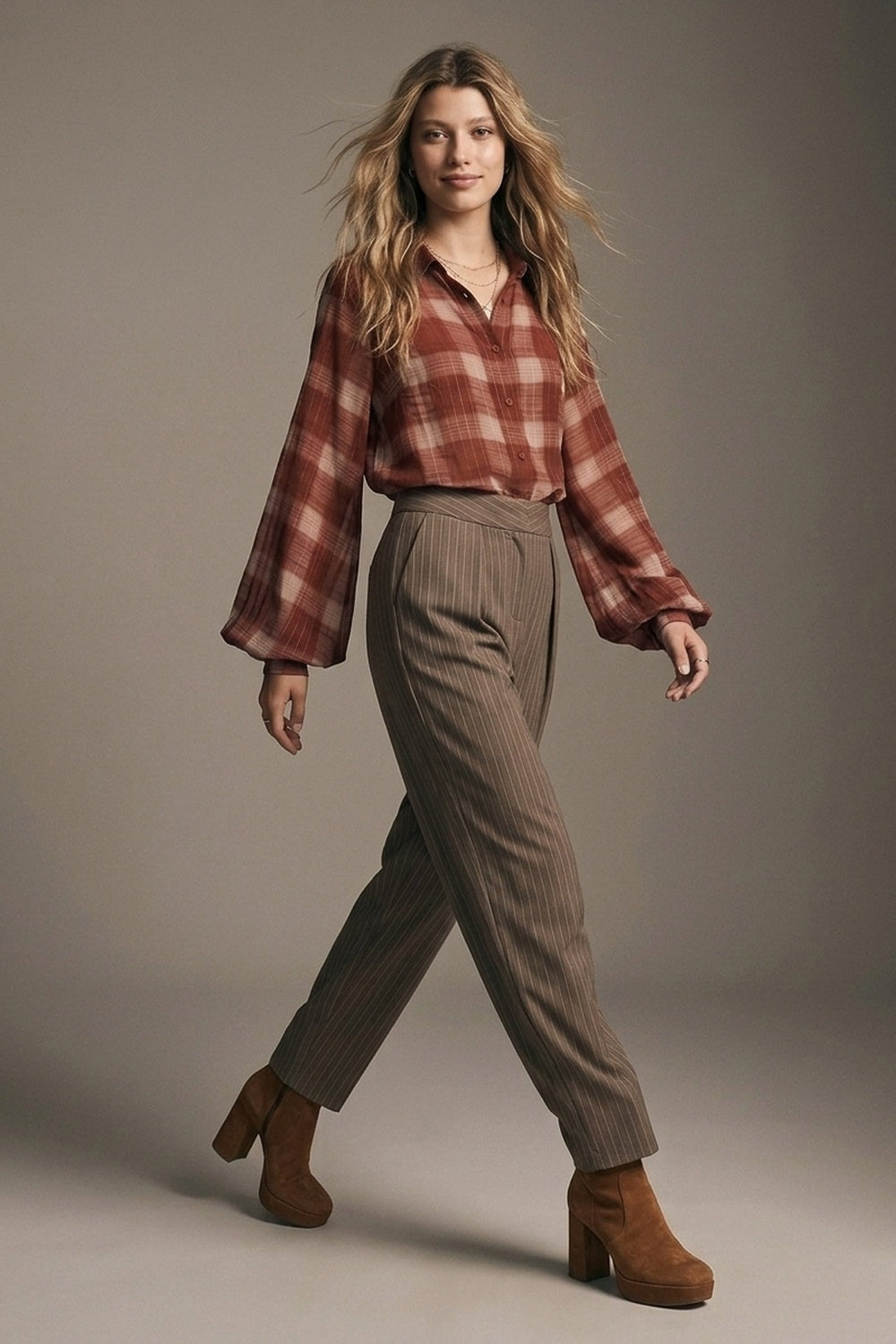 Brown Pinstripe Soft Woven Pleated Tapered Trousers - Premium variable from Tooksie - Just $79.90! Shop now at Tooksie