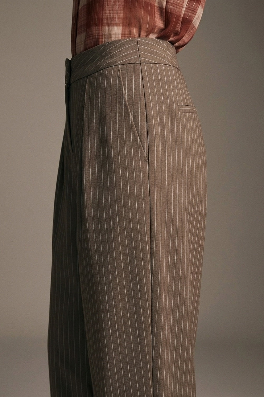 Brown Pinstripe Soft Woven Pleated Tapered Trousers - Premium variable from Tooksie - Just $79.90! Shop now at Tooksie