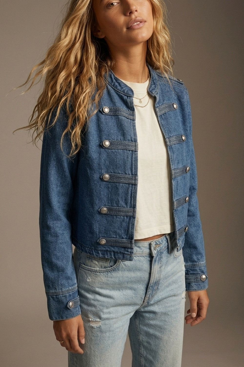 Denim Military Cropped Jacket - Premium simple from Tooksie - Just $104.90! Shop now at Tooksie