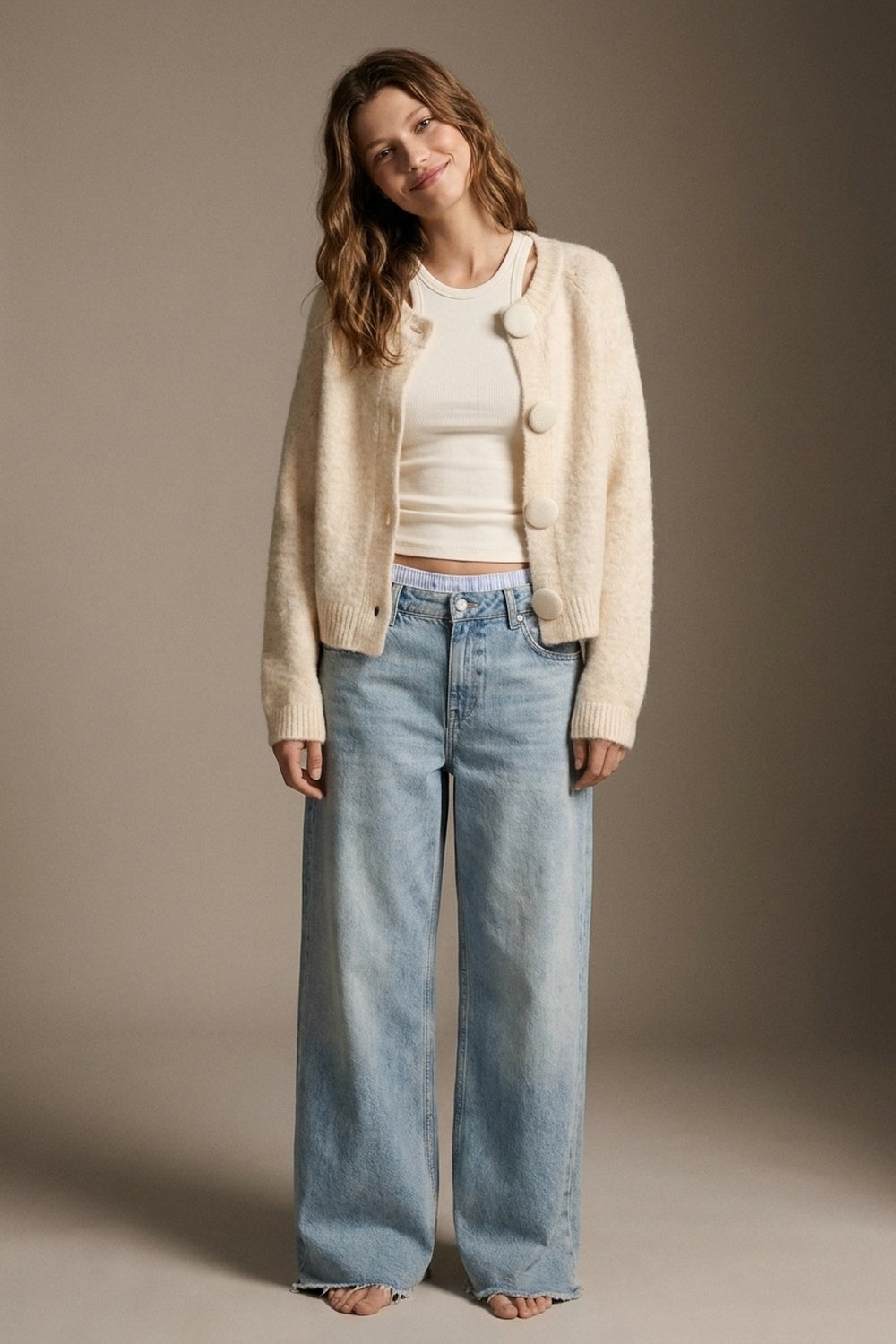 Cream fluffy Knit Round Neck Button Front Cardigan - Premium Cardigans from Q2 - Just $79.90! Shop now at Tooksie