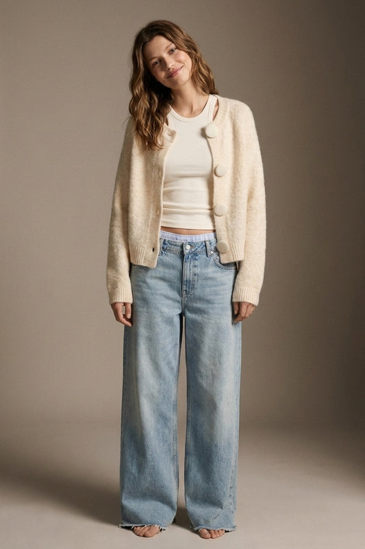 Cream fluffy Knit Round Neck Button Front Cardigan - Premium Cardigans from Q2 - Just $79.90! Shop now at Tooksie