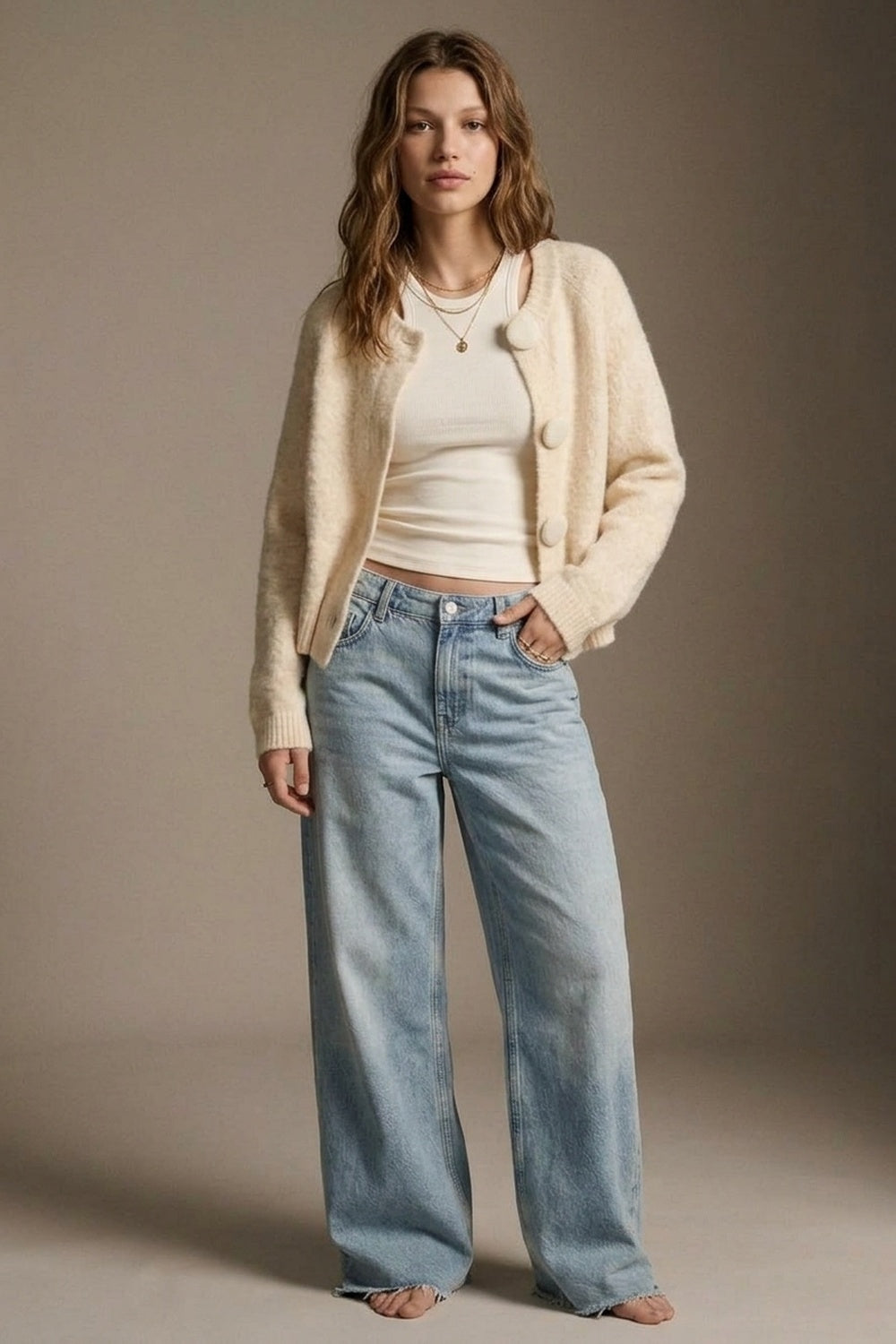 Cream fluffy Knit Round Neck Button Front Cardigan - Premium Cardigans from Q2 - Just $79.90! Shop now at Tooksie