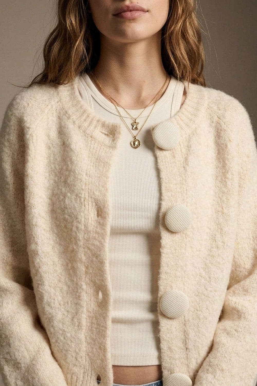 Cream fluffy Knit Round Neck Button Front Cardigan - Premium Cardigans from Q2 - Just $79.90! Shop now at Tooksie
