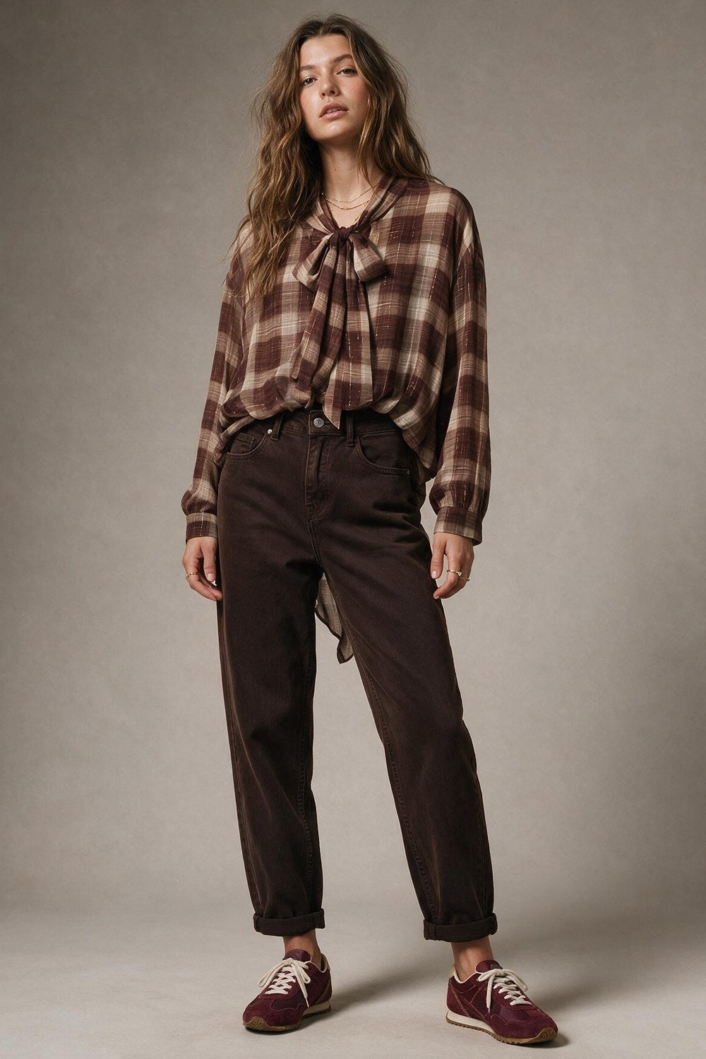 Brown Check printed Asymmetrical back Blouse in chiffon - Premium Shirts from Q2 - Just $79.90! Shop now at Tooksie