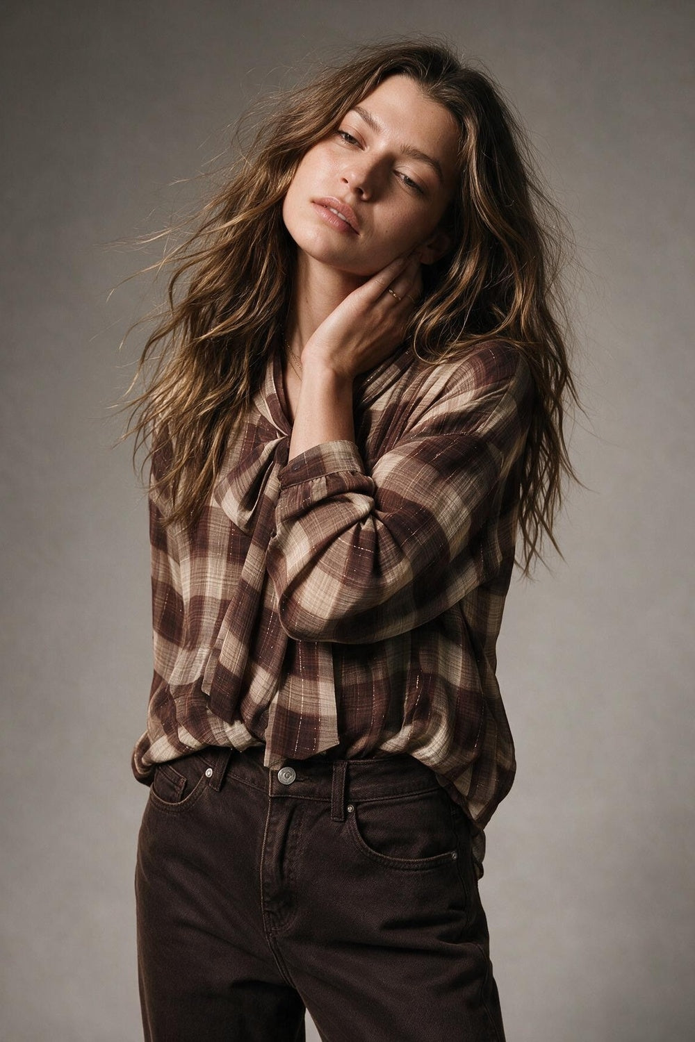 Brown Check printed Asymmetrical back Blouse in chiffon - Premium Shirts from Q2 - Just $79.90! Shop now at Tooksie