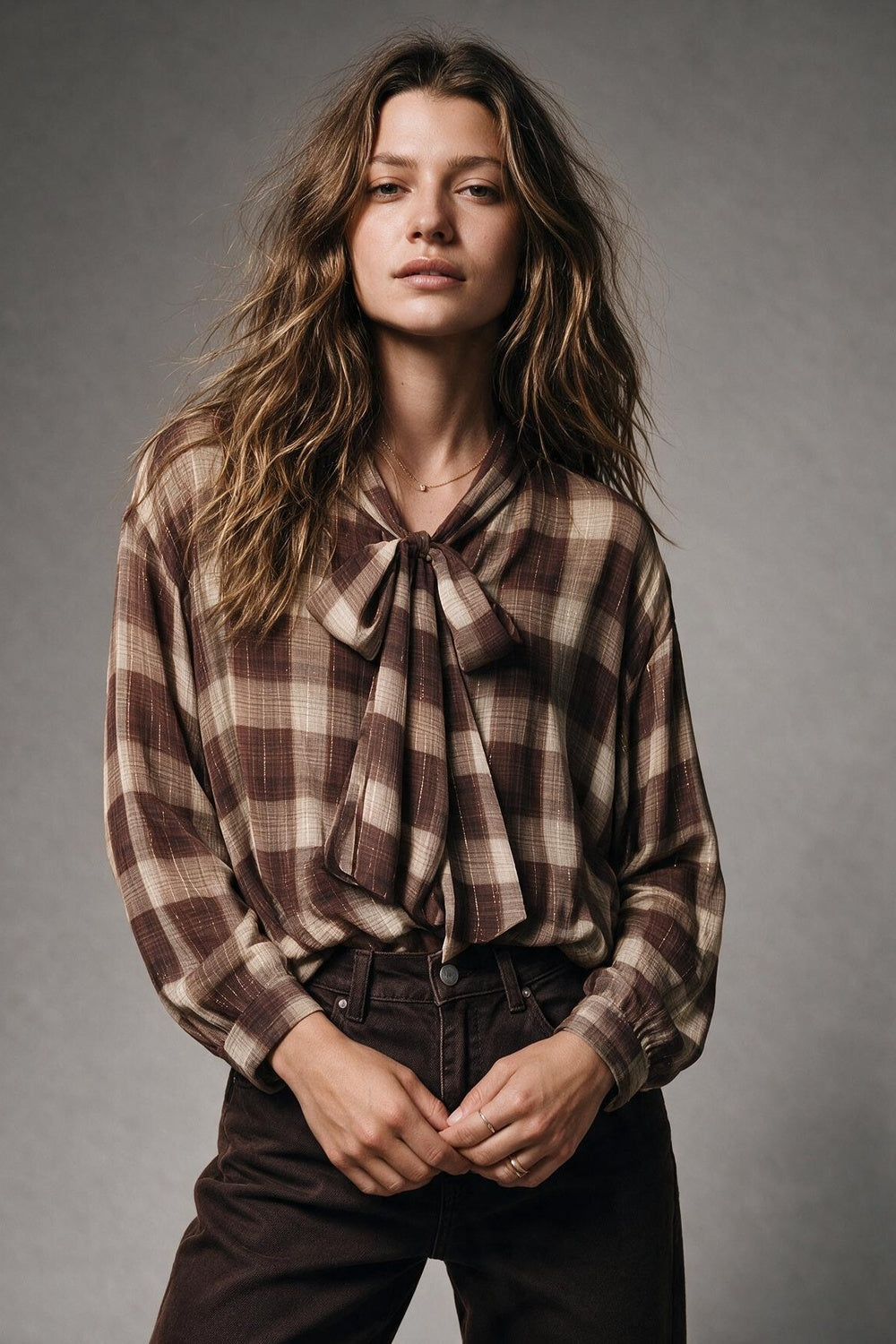 Brown Check printed Asymmetrical back Blouse in chiffon - Premium Shirts from Q2 - Just $79.90! Shop now at Tooksie