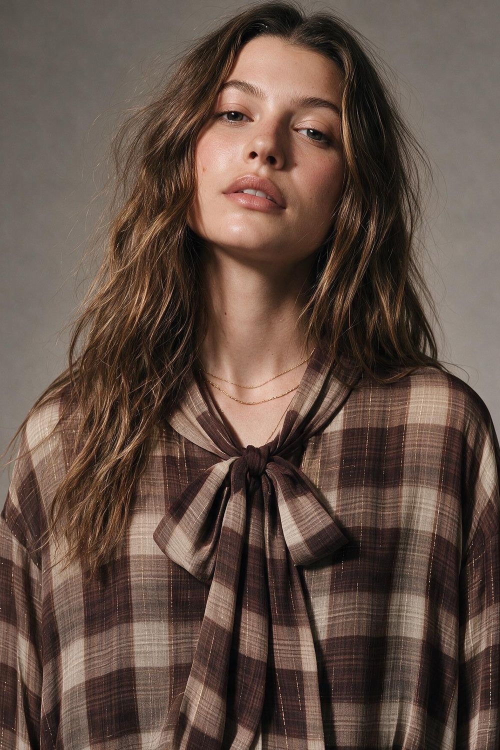 Brown Check printed Asymmetrical back Blouse in chiffon - Premium Shirts from Q2 - Just $79.90! Shop now at Tooksie