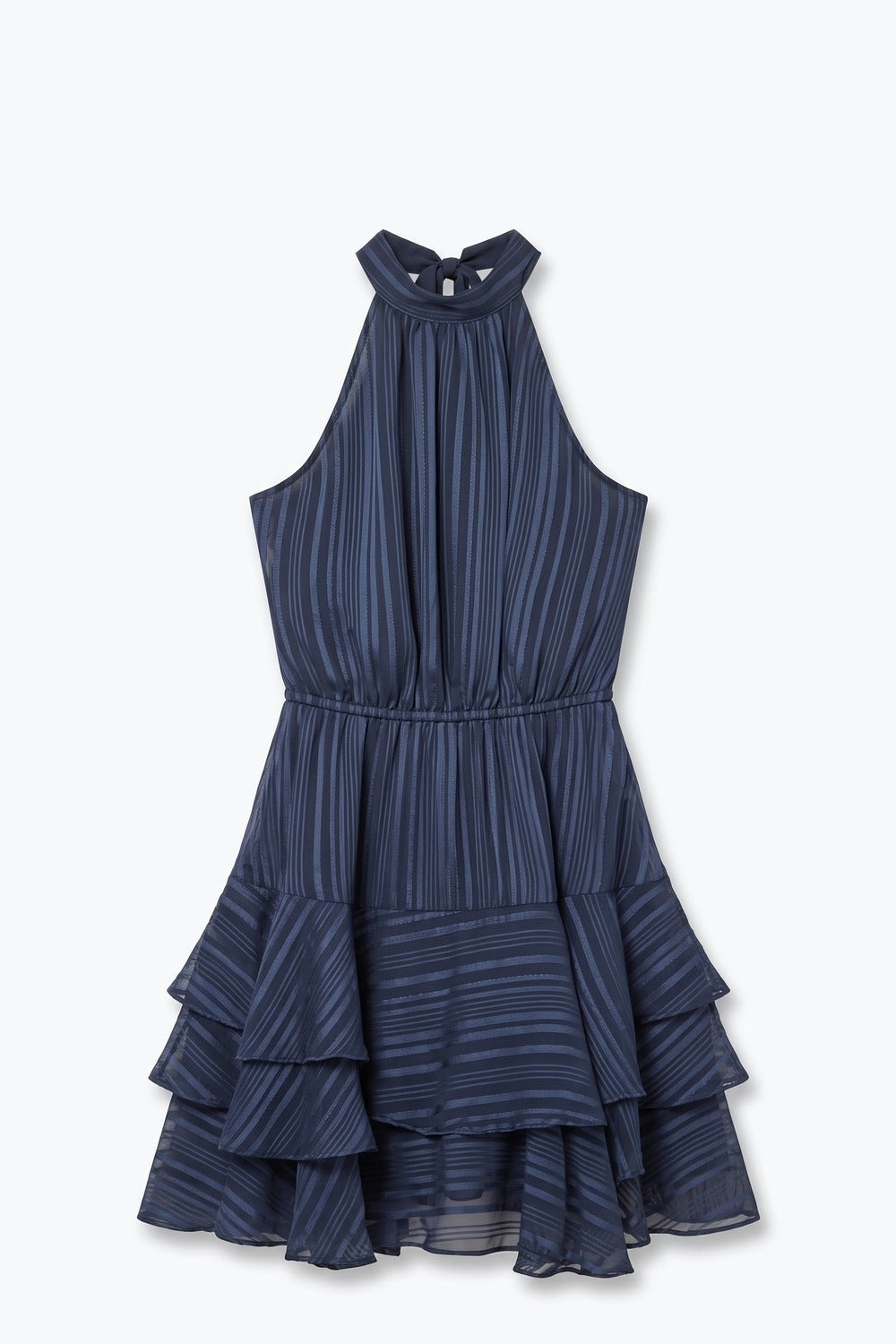 Navy Stripe Satin Halter Neck Open Back Tiered Mini Dress - Premium variable from Tooksie - Just $84.90! Shop now at Tooksie