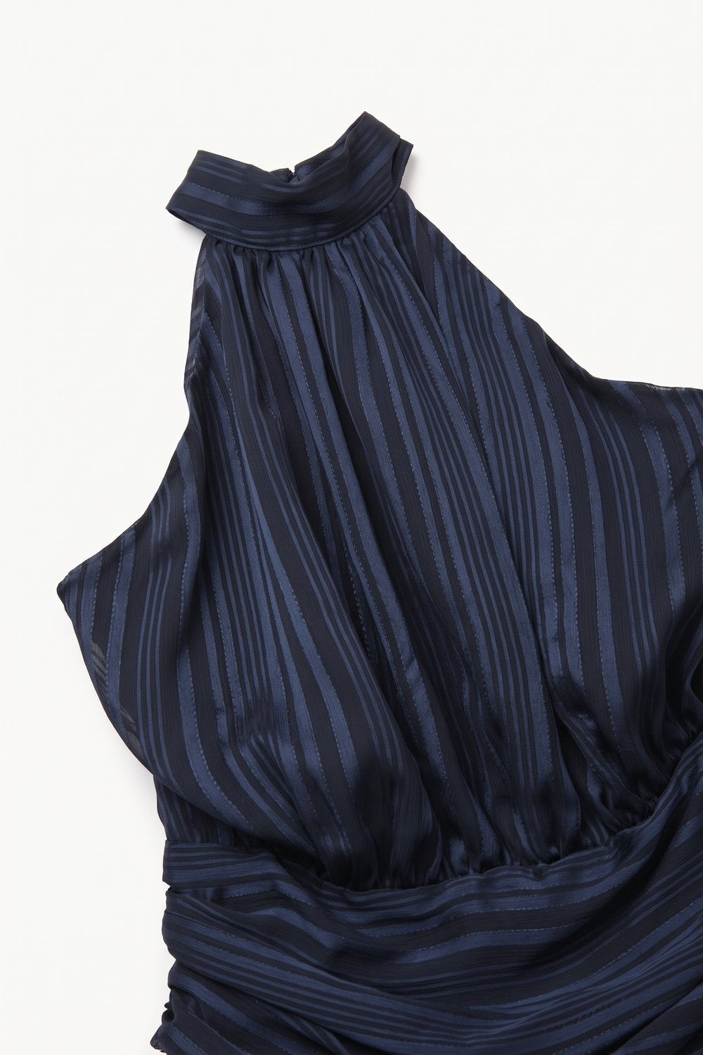 Navy Stripe Satin Halter Neck Open Back Tiered Mini Dress - Premium variable from Tooksie - Just $84.90! Shop now at Tooksie