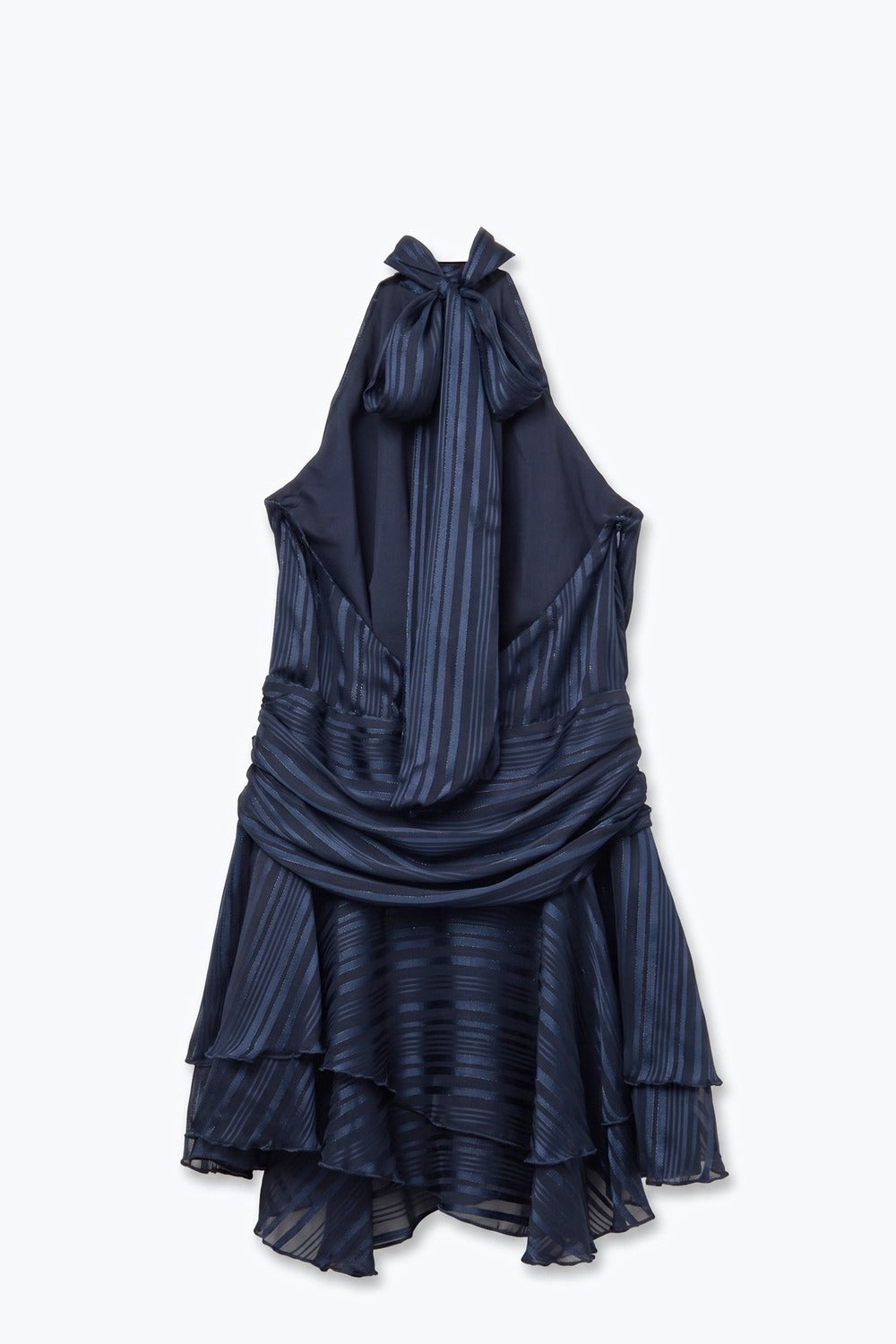 Navy Stripe Satin Halter Neck Open Back Tiered Mini Dress - Premium variable from Tooksie - Just $84.90! Shop now at Tooksie