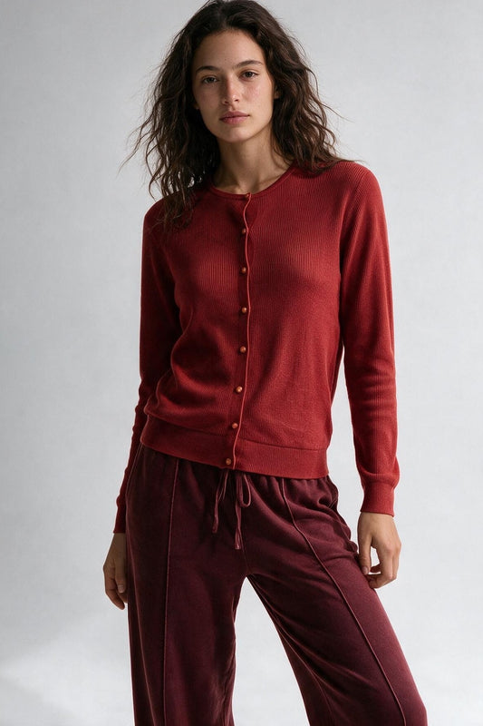 Red soft Knit Button Front Crew Neck Regular Fit Cardigan - Premium Cardigans from Q2 - Just $54.90! Shop now at Tooksie