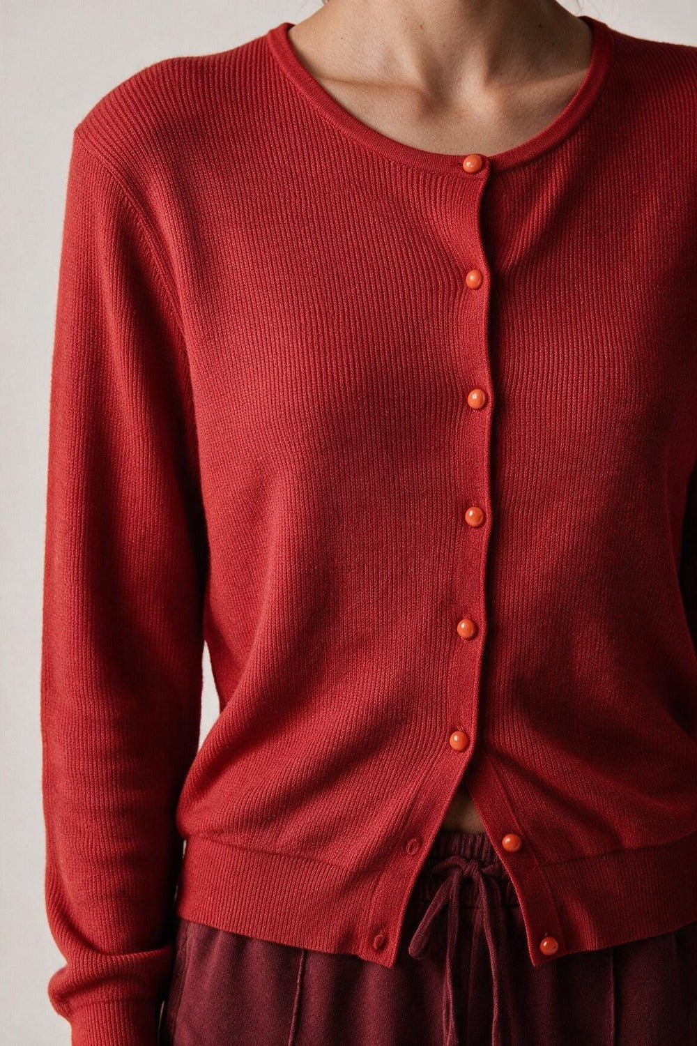 Red soft Knit Button Front Crew Neck Regular Fit Cardigan - Premium Cardigans from Q2 - Just $54.90! Shop now at Tooksie