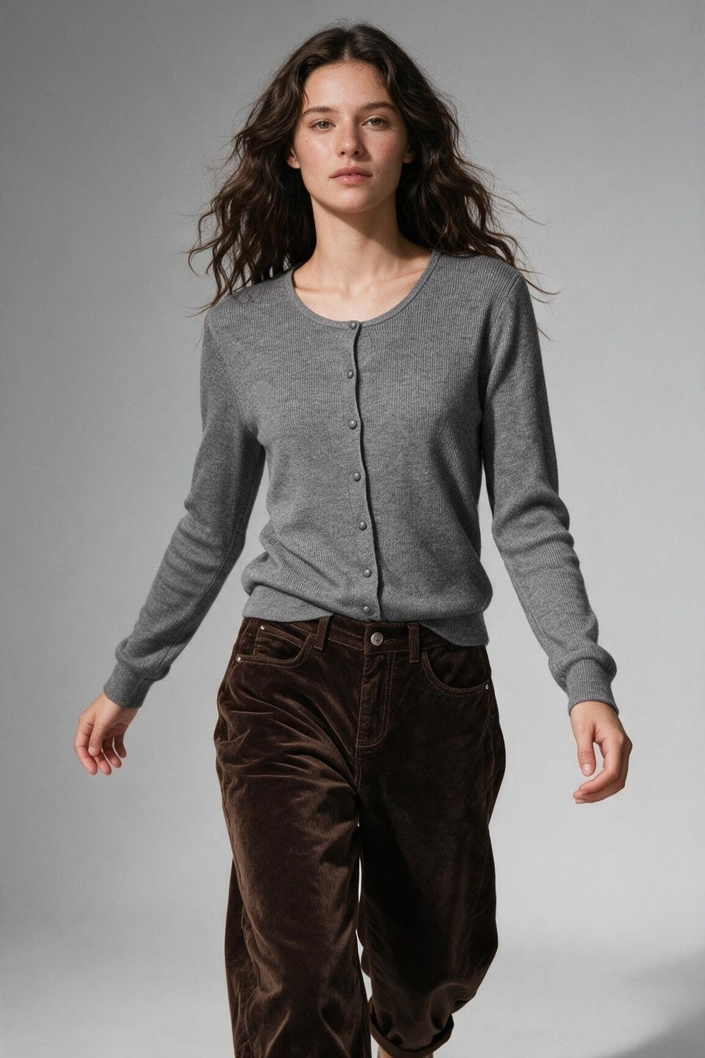 Grey Ribbed Knit Button Front Crew Neck Cardigan - Premium simple from Tooksie - Just $54.90! Shop now at Tooksie