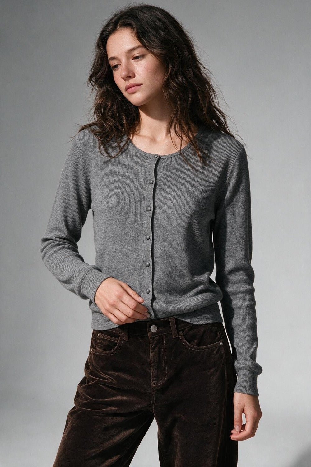 Grey Ribbed Knit Button Front Crew Neck Cardigan - Premium simple from Tooksie - Just $54.90! Shop now at Tooksie