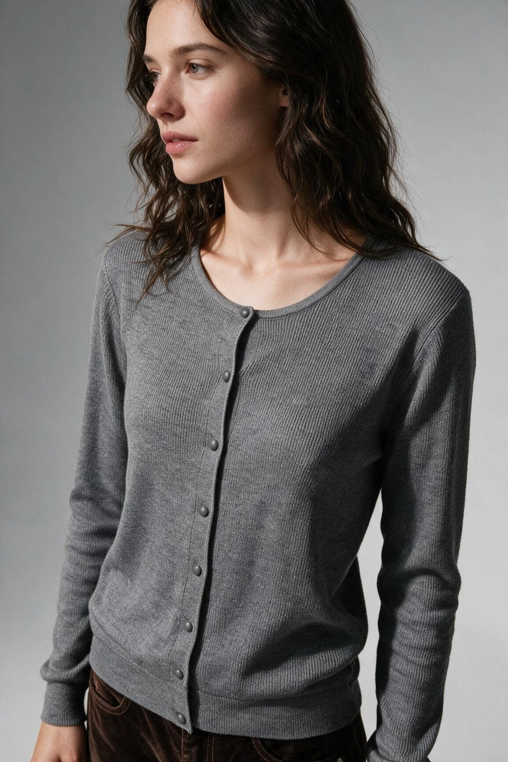 Grey Ribbed Knit Button Front Crew Neck Cardigan - Premium simple from Tooksie - Just $54.90! Shop now at Tooksie