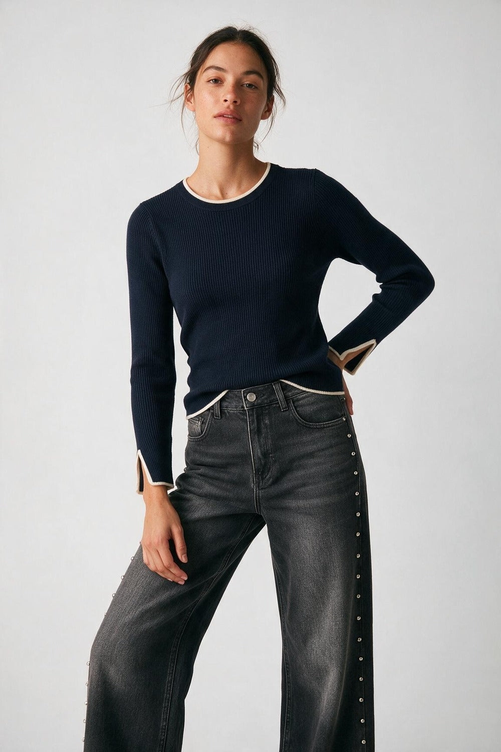 Navy Ribbed Crew Neck sweater - Premium simple from Tooksie - Just $64.90! Shop now at Tooksie