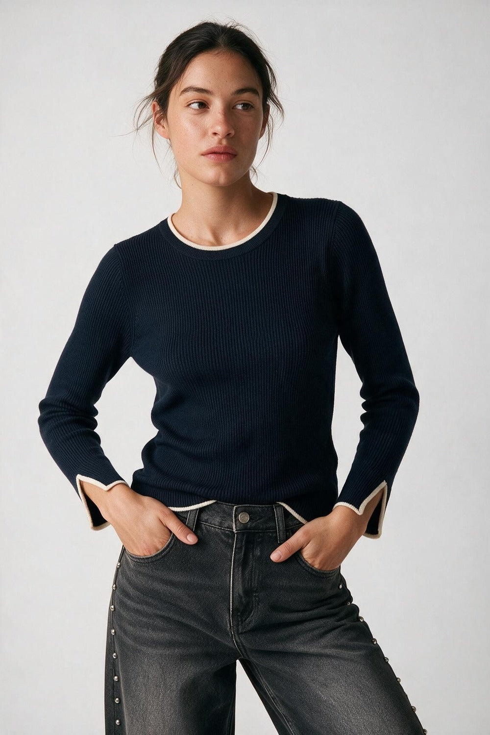Navy Ribbed Crew Neck sweater - Premium simple from Tooksie - Just $64.90! Shop now at Tooksie