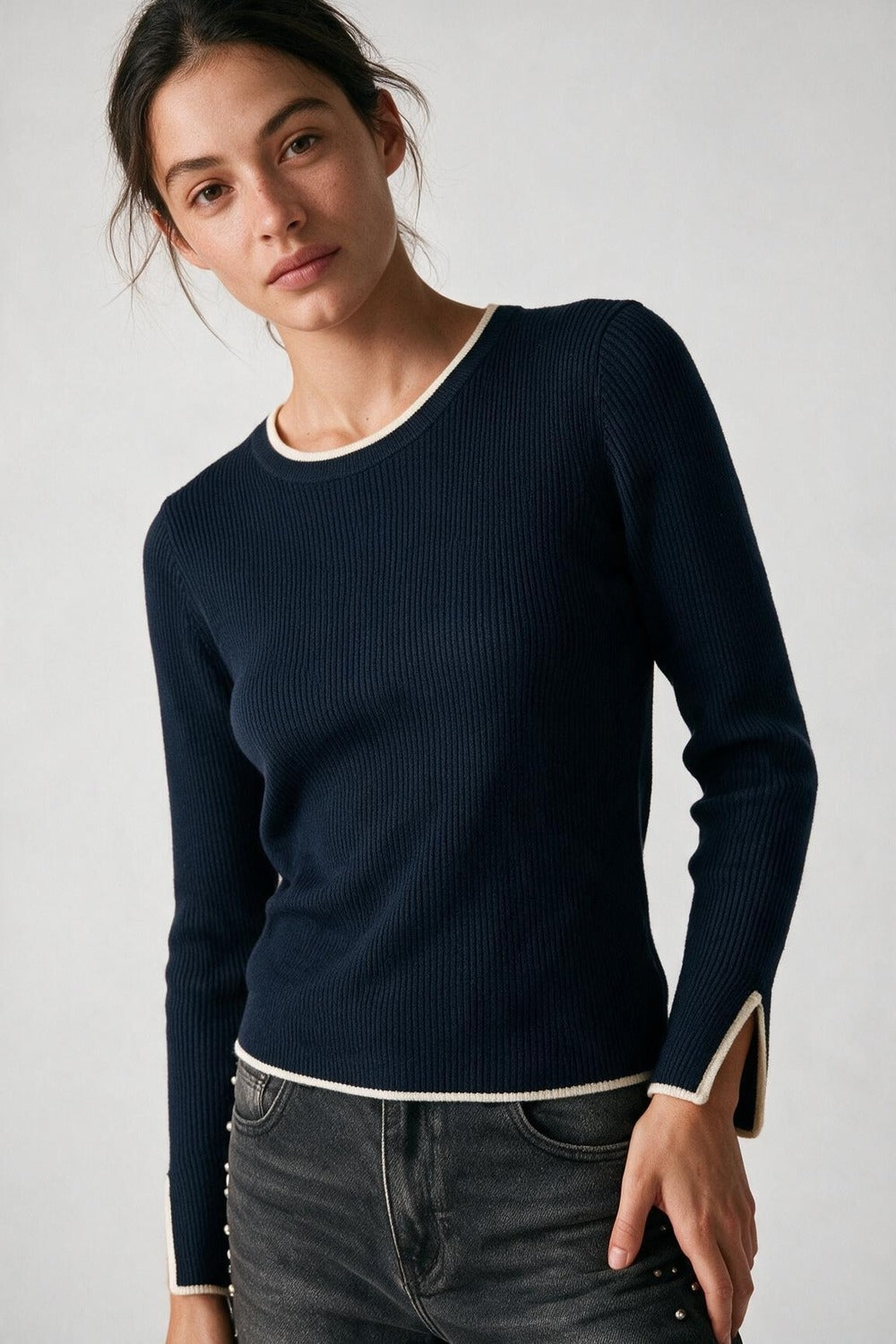 Navy Ribbed Crew Neck sweater - Premium simple from Tooksie - Just $64.90! Shop now at Tooksie