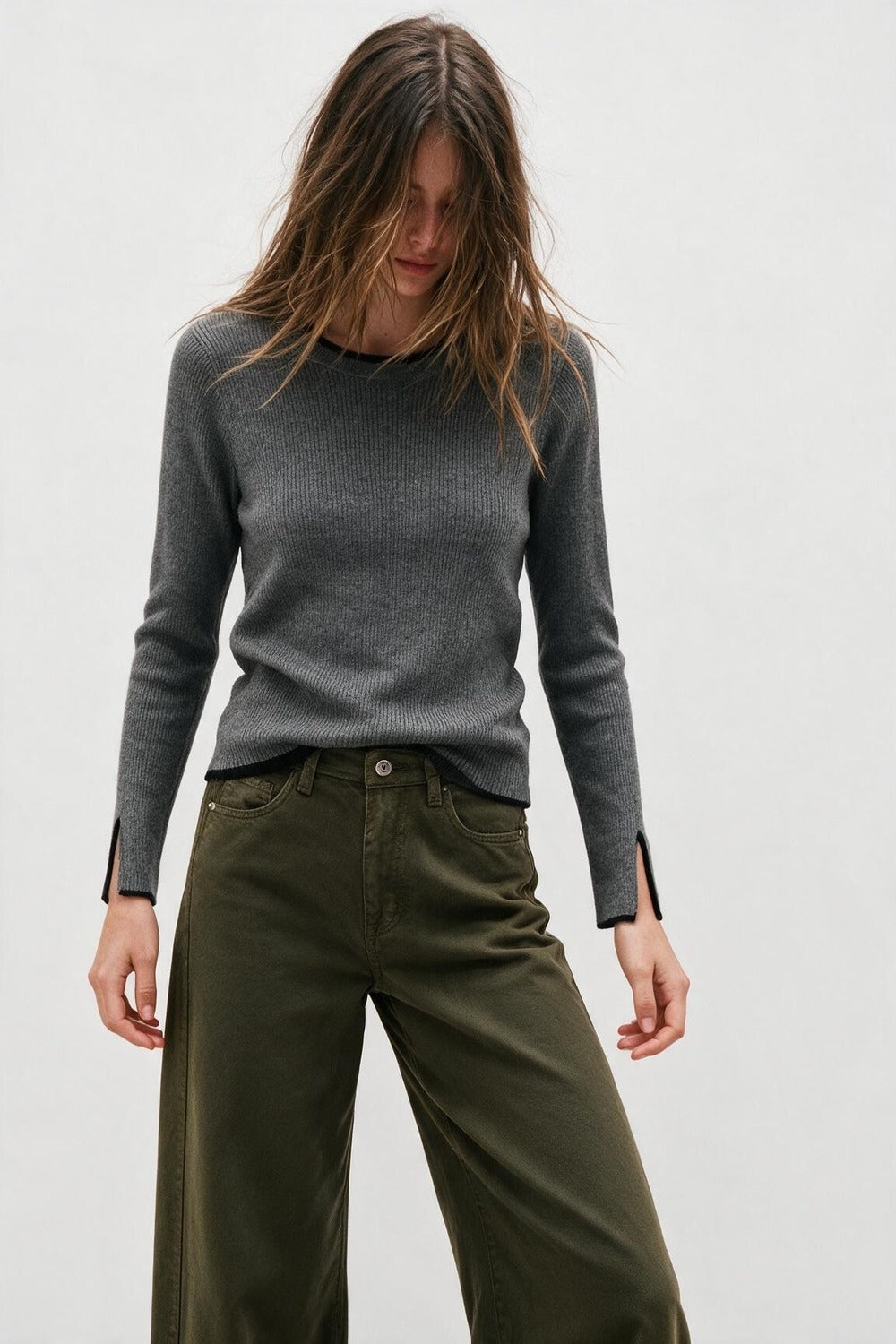 Gray Ribbed Knit Crew Neck Sweater - Premium simple from Tooksie - Just $64.90! Shop now at Tooksie