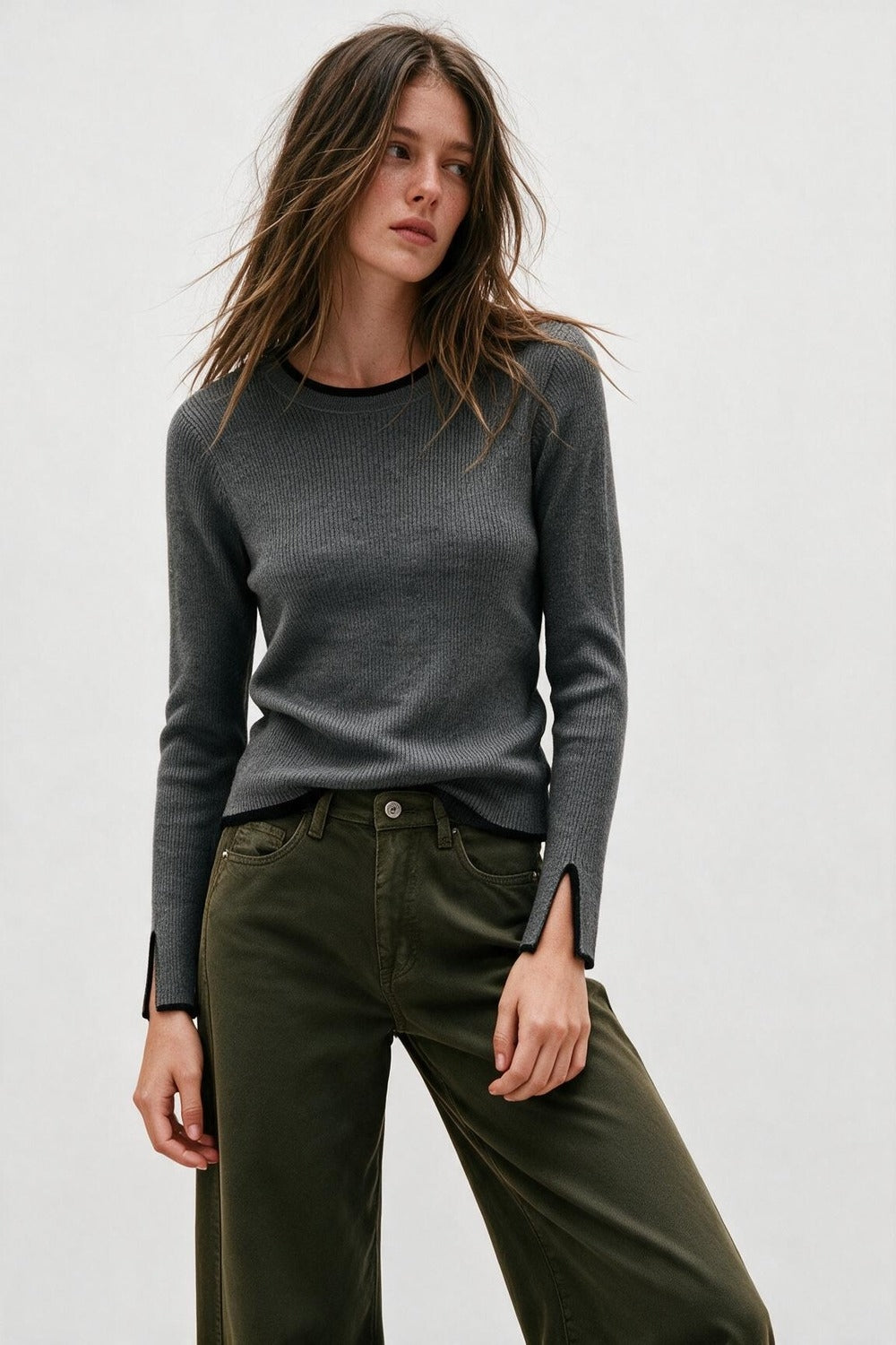 Gray Ribbed Knit Crew Neck Sweater - Premium simple from Tooksie - Just $64.90! Shop now at Tooksie