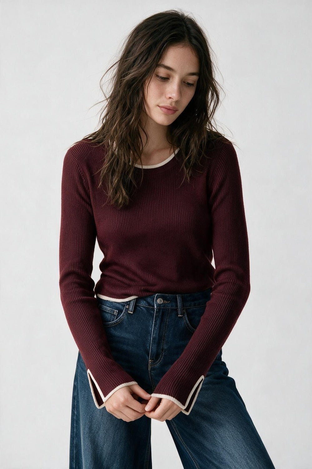 Burgundy Ribbed Crew Neck Sweater - Premium simple from Tooksie - Just $64.90! Shop now at Tooksie