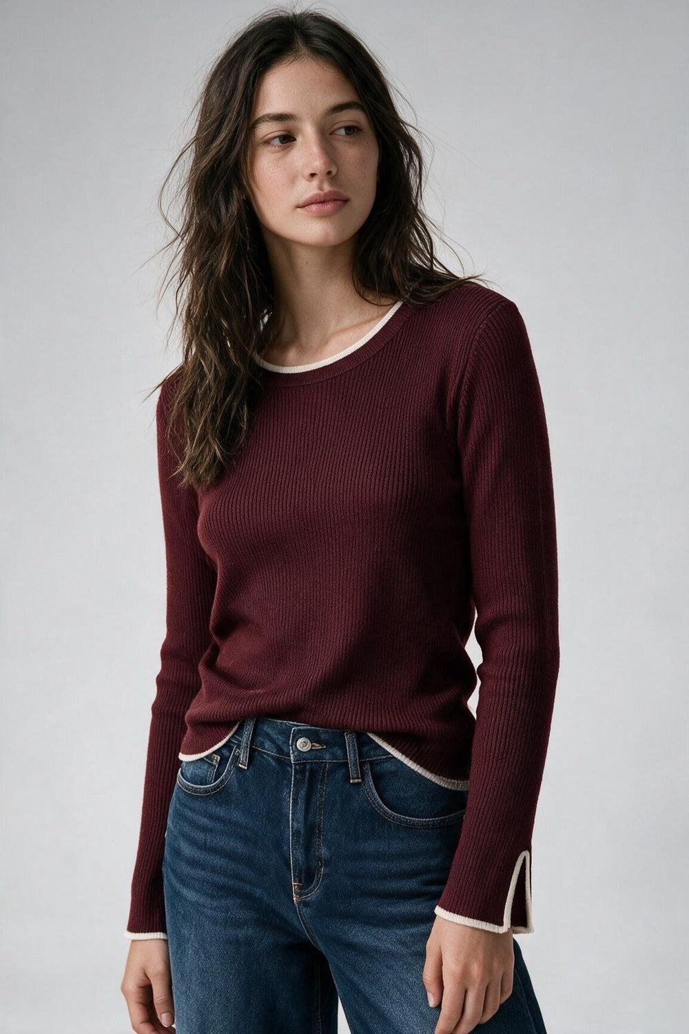 Burgundy Ribbed Crew Neck Sweater - Premium simple from Tooksie - Just $64.90! Shop now at Tooksie