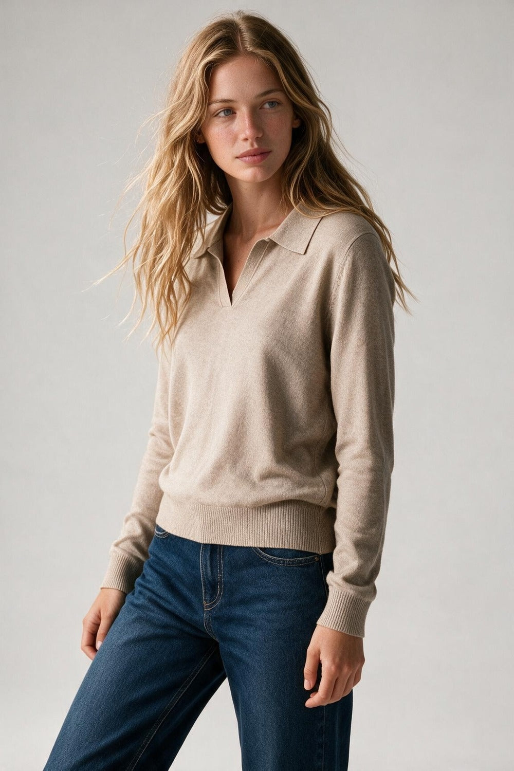 Beige V-Neck Polo Collar Sweater - Premium simple from Tooksie - Just $59.90! Shop now at Tooksie