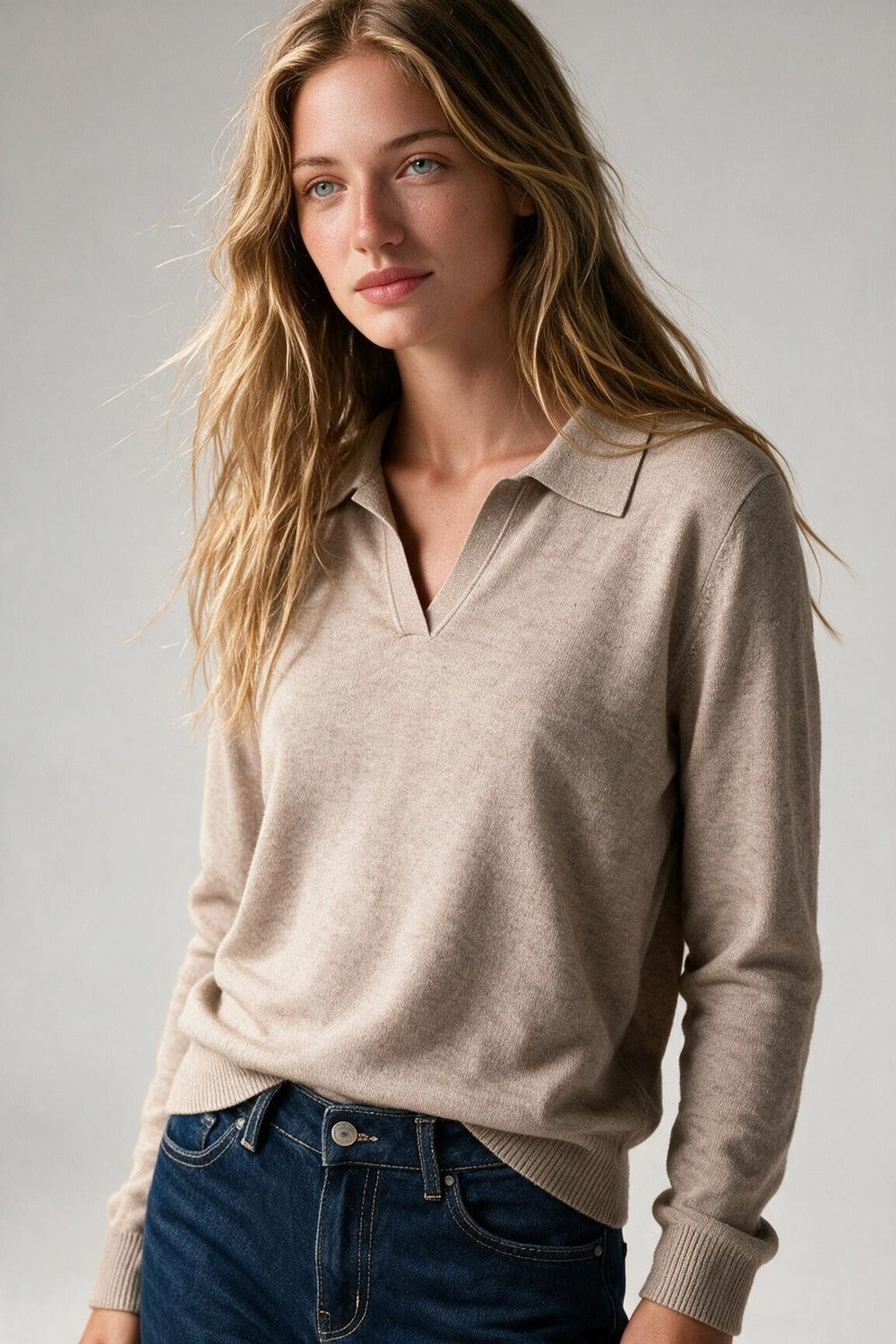 Beige V-Neck Polo Collar Sweater - Premium simple from Tooksie - Just $59.90! Shop now at Tooksie
