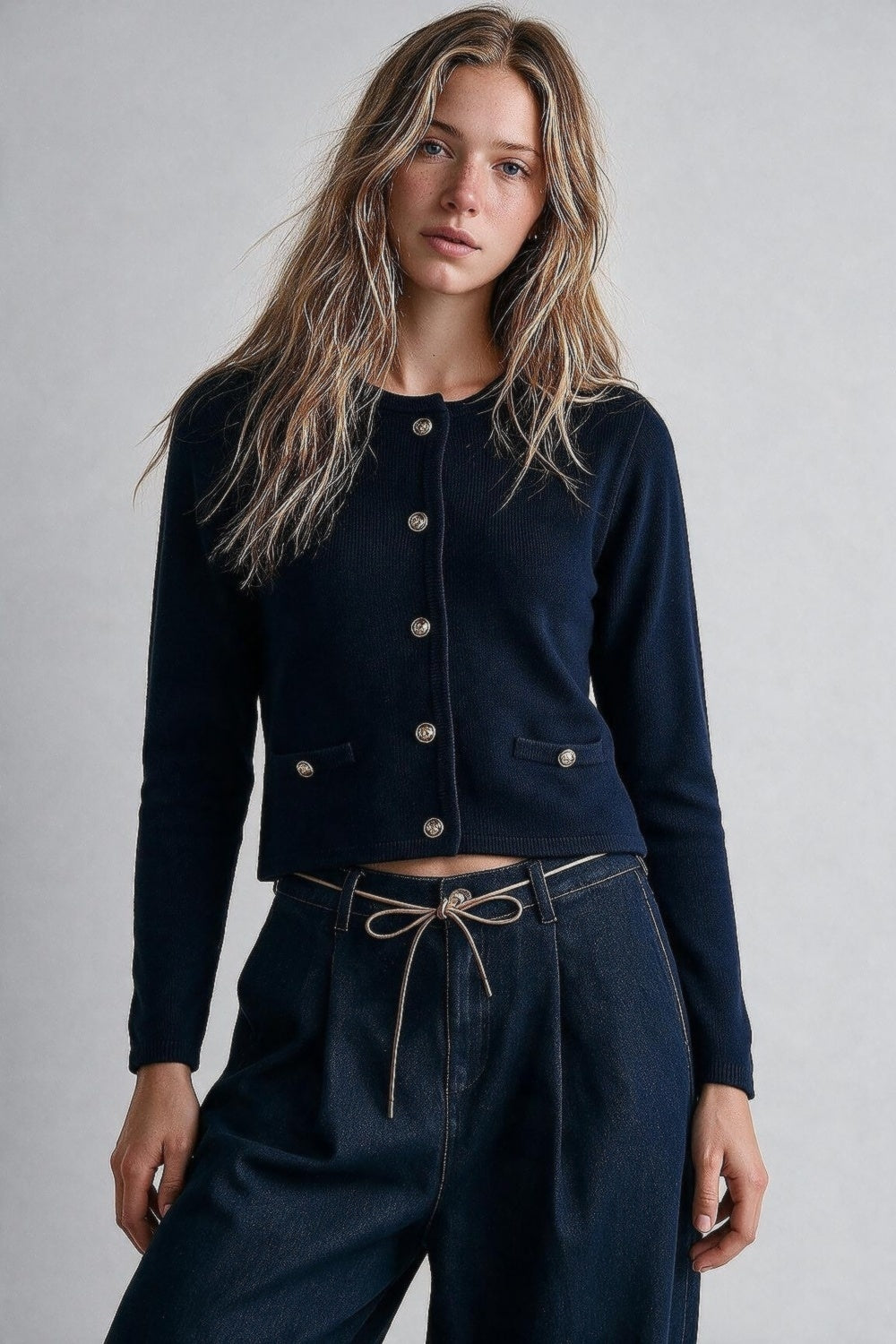 Navy Fine Knit Cropped Cardigan - Premium simple from Tooksie - Just $64.90! Shop now at Tooksie