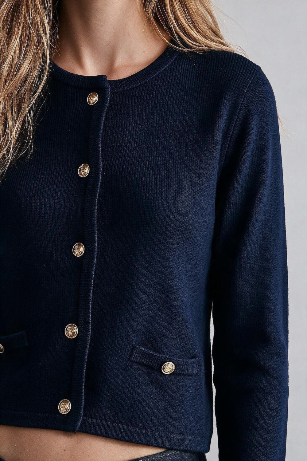 Navy Fine Knit Cropped Cardigan - Premium simple from Tooksie - Just $64.90! Shop now at Tooksie