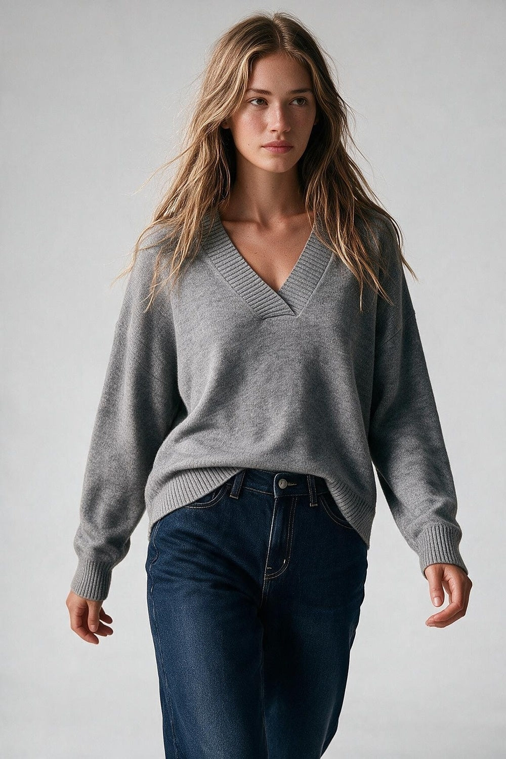 Grey V-Neck Sweater - Premium simple from Tooksie - Just $64.90! Shop now at Tooksie