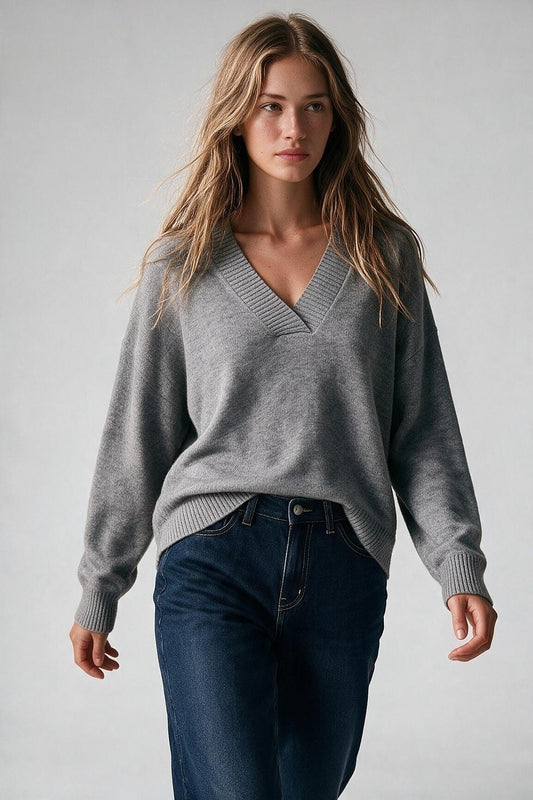 Grey V-Neck Sweater - Premium simple from Tooksie - Just $64.90! Shop now at Tooksie