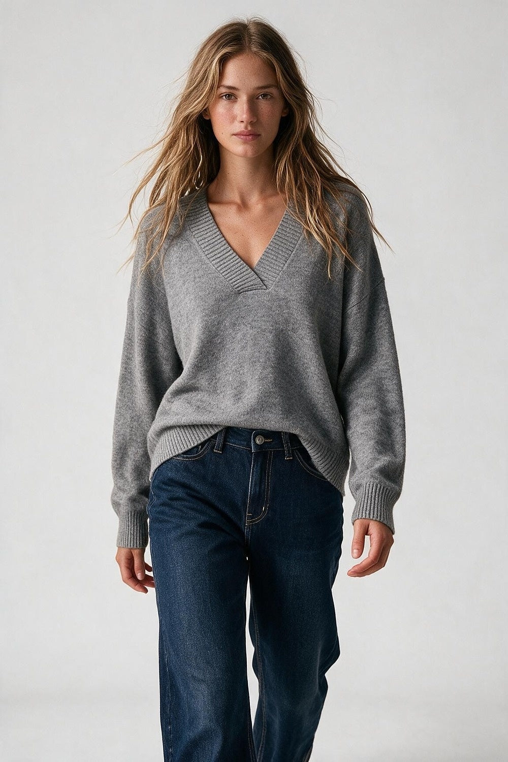 Grey V-Neck Sweater - Premium simple from Tooksie - Just $64.90! Shop now at Tooksie