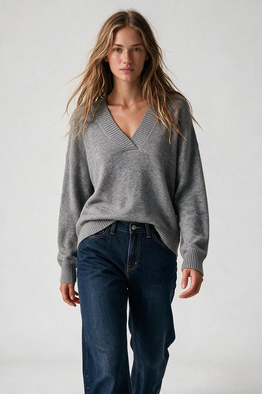 Grey V-Neck Sweater - Premium simple from Tooksie - Just $64.90! Shop now at Tooksie