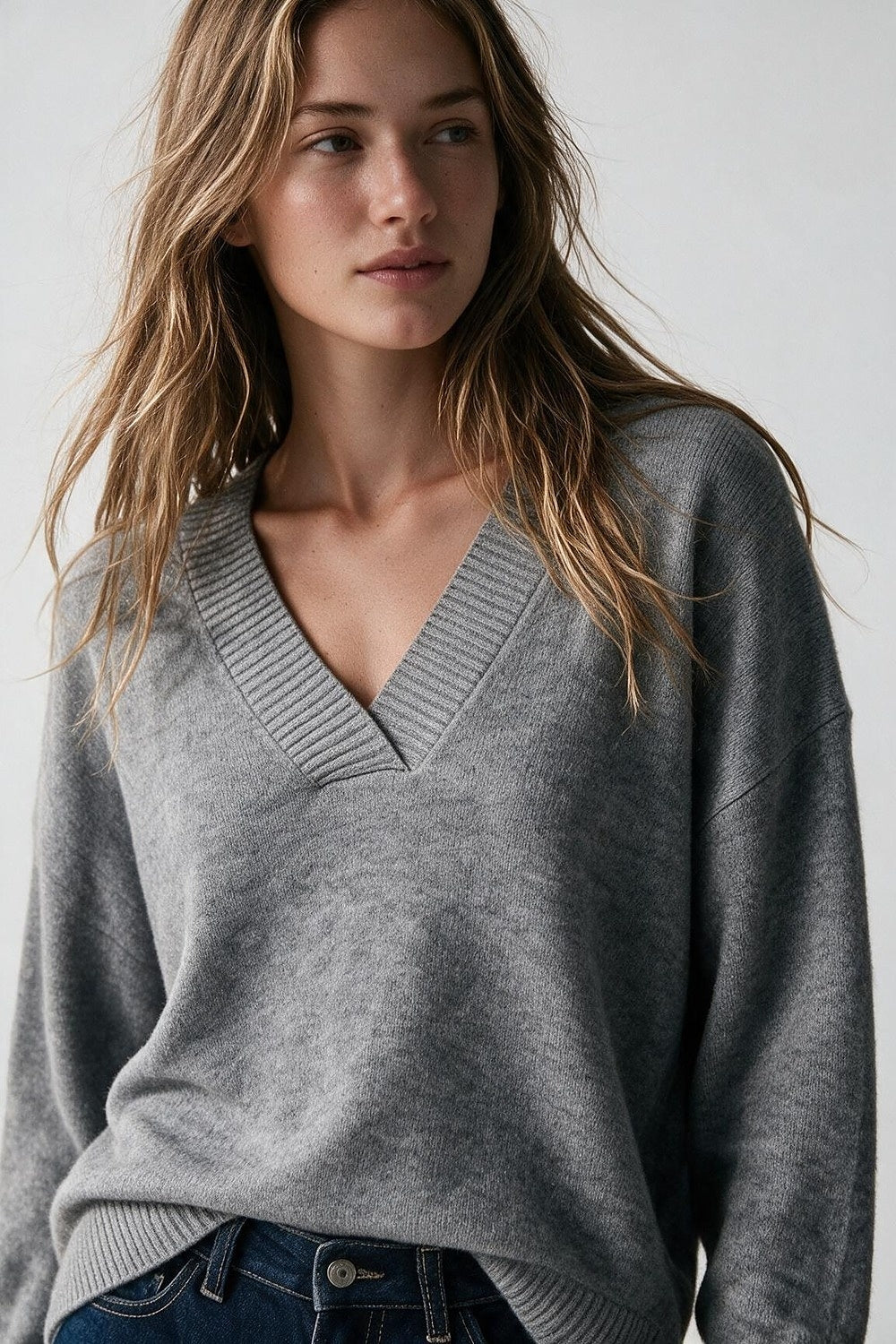 Grey V-Neck Sweater - Premium simple from Tooksie - Just $64.90! Shop now at Tooksie