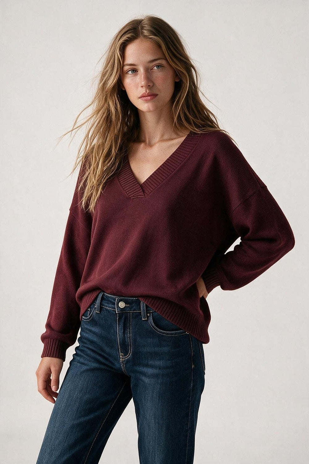Burgundy V-Neck Sweater - Premium simple from Tooksie - Just $64.90! Shop now at Tooksie
