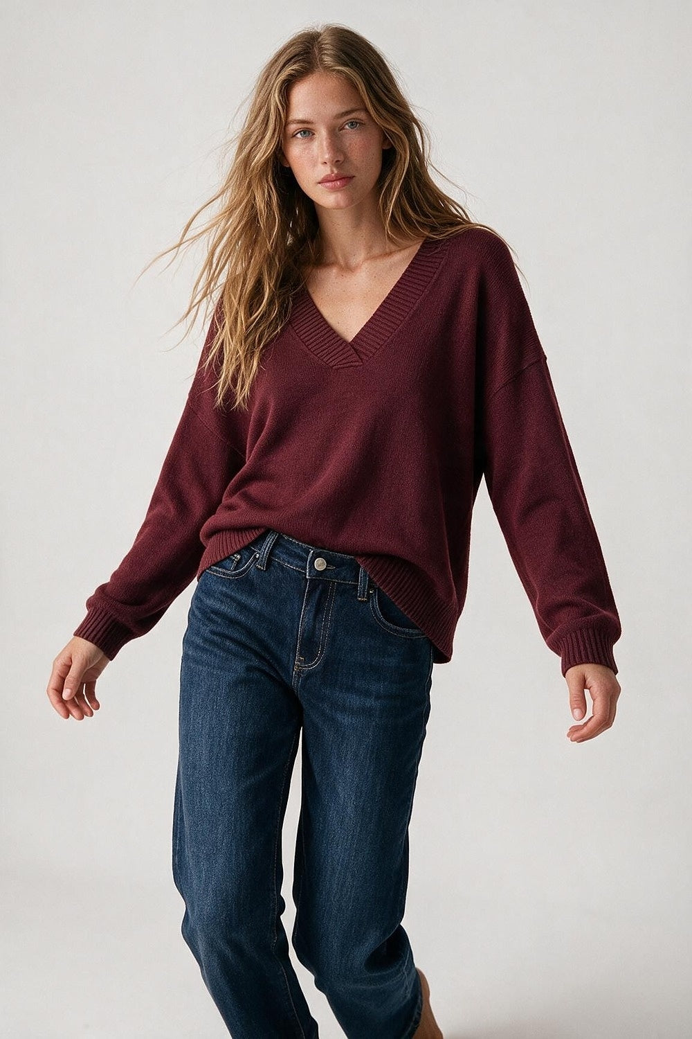 Burgundy V-Neck Sweater - Premium simple from Tooksie - Just $64.90! Shop now at Tooksie