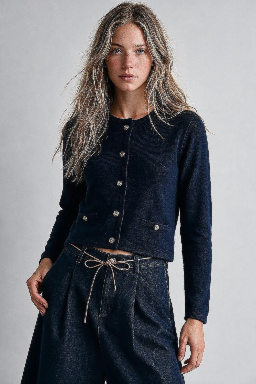 Navy Fine Knit Cropped Cardigan - Premium simple from Tooksie - Just $64.90! Shop now at Tooksie